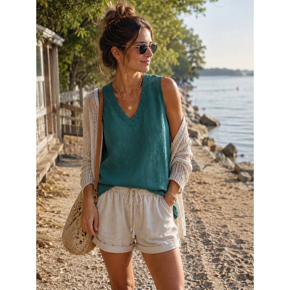 Women Green 100% Cotton Sleeveless V-Neck Textured Tank Top XL Earthy Minimalist